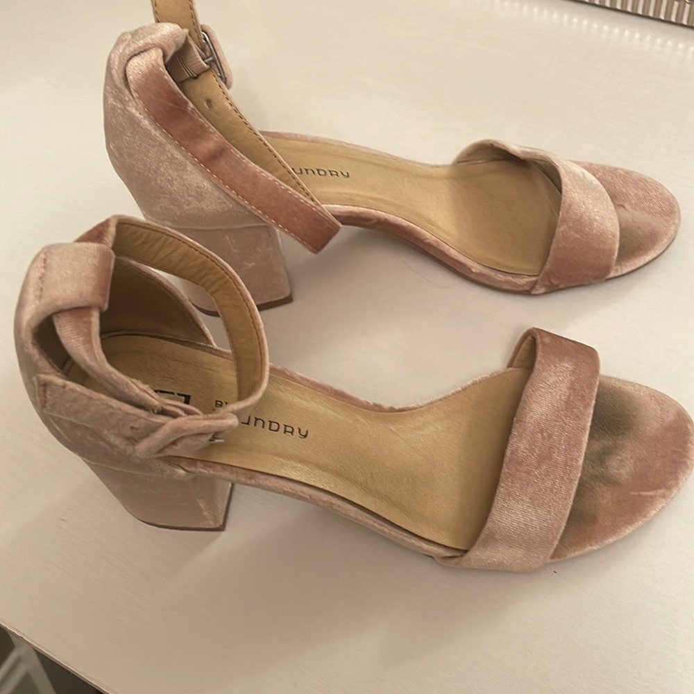 Pink velvet block heels